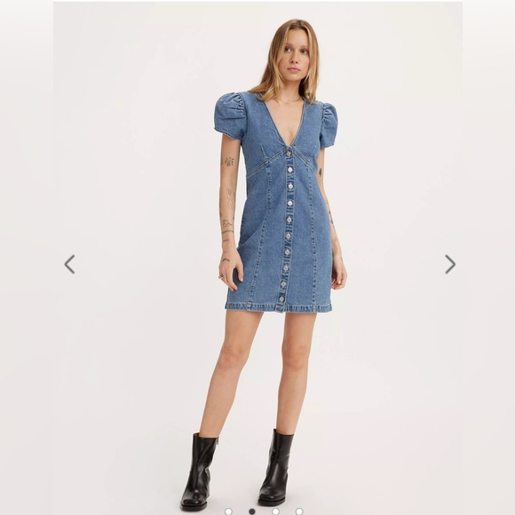 Erin mini denim Puff Sleeve Dress - Picture 1 of 8